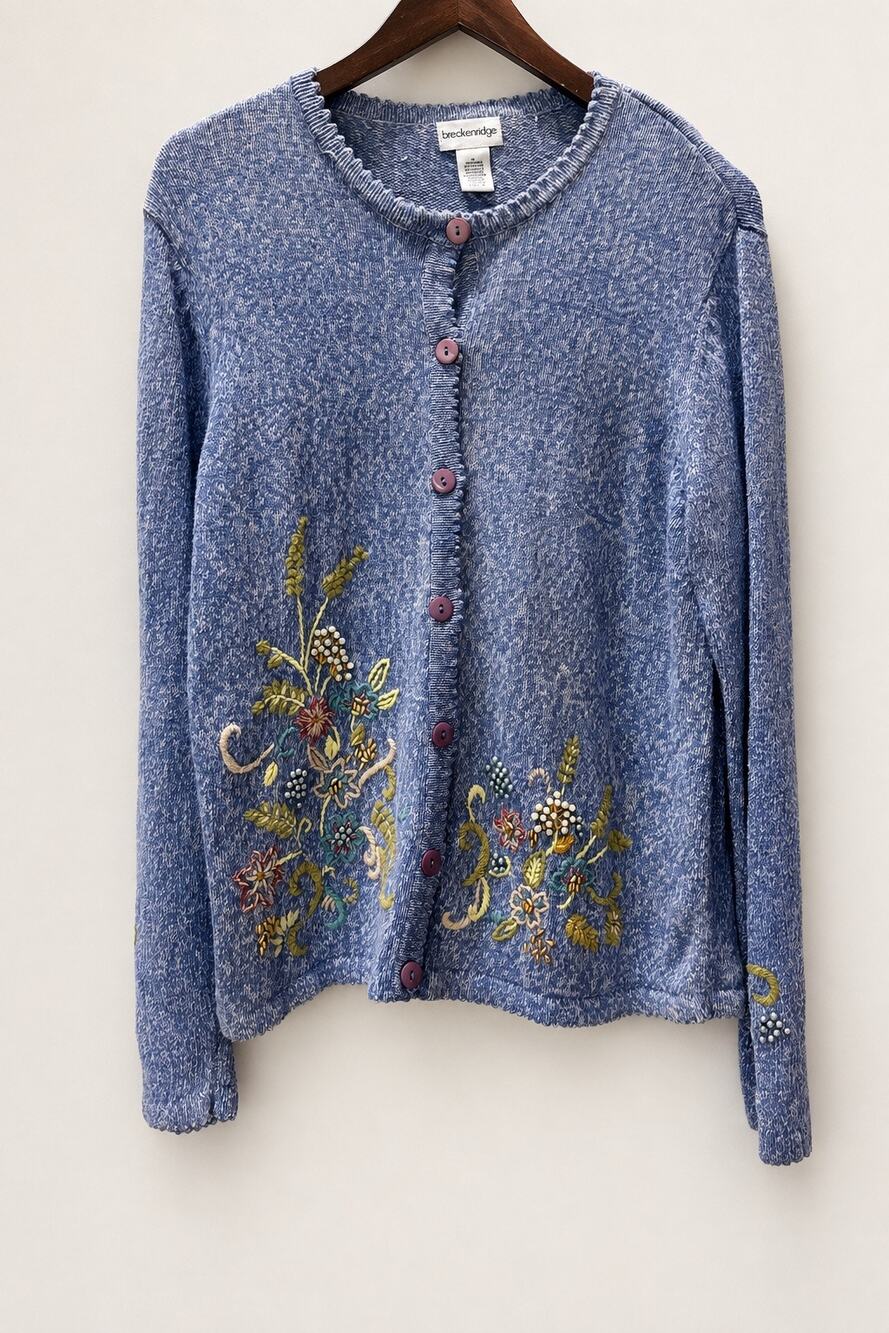 Breckenridge Blue Floral Embroidered Beaded Cardigan Sweater Women’s L Ramie